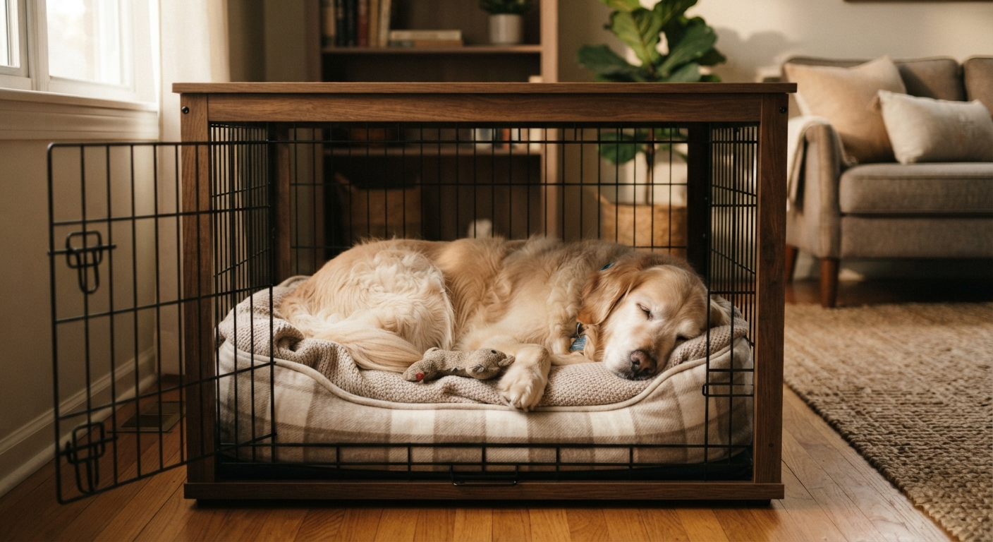 Calm dog resting in a cozy crate