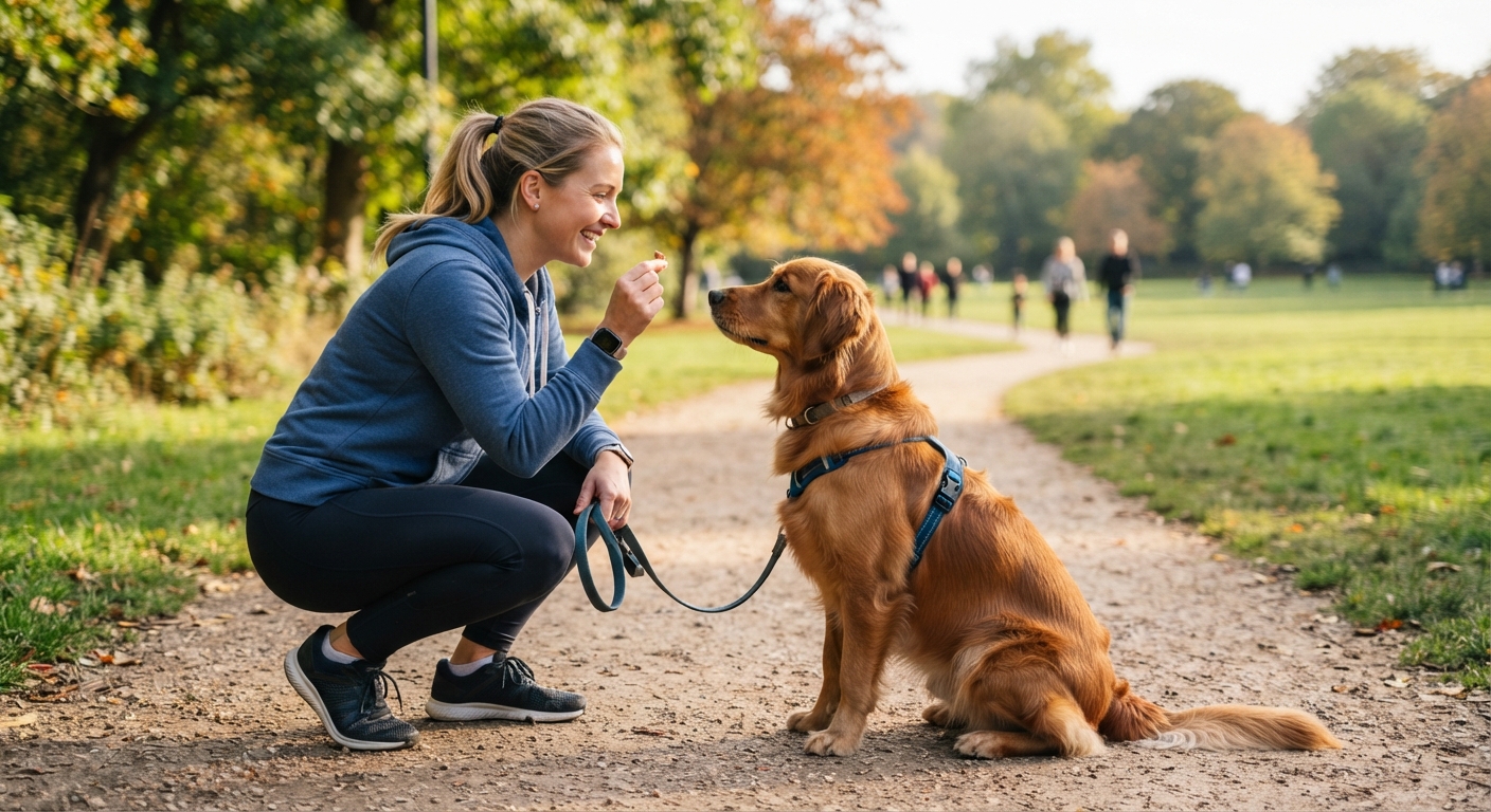 Owner gaining dog focus outdoors